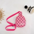 Pink and purple checkered nylon kids chest bag with adjustable strap and fashion label - Rose Red