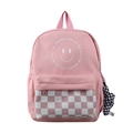 Rosafarbener Kinderrucksack mit Karomuster, weißem Smiley-Logo und Web-Anhänger - Rosa