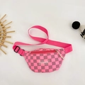 Pink purple checkered chest bag for kids with adjustable strap and fashion patch - Rose Red