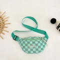 Kids checkered crossbody chest bag in mint green color with fashion logo detail - Cyan