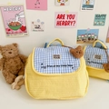 Quilted yellow kids backpack with blue checkered flap and cute bear doll charm - Large