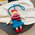 Handmade knitted cartoon girl crossbody bag in blue and red finish for kids - Colorful
