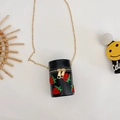 Black mini cylinder crossbody bag for girls with strawberry embroidery and gold chain - Black