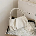 Fashionable cream white pleated cloud handbag with elegant ruched handle and soft texture - White