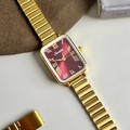Retro rectangular quartz watch for women with golden metal strap and red sunburst dial - Gold Case Red Dial