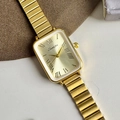 Elegant rectangle gold watch for women with vintage Roman numerals and mesh band - Gold Gold Face