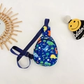 Navy blue children's canvas chest bag featuring colorful cartoon dinosaur prints and strap - Dark Blue