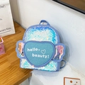 Sparkly blue sequin backpack for girls featuring heart pocket and magical wings - Blue