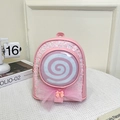 Pink sequin mini backpack for girls with lollipop design and purple mesh bow detail - Pink