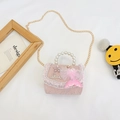 Pink lace girls crossbody bag with mermaid princess doll and pearl handle strap - Light Pink