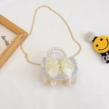 Sac à main enfant en dentelle crème avec grand nœud jaune et poignée en perles - Blanc Cassé