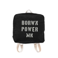 Minimalist black denim backpack for kids featuring bold white letter prints and beige straps - Black