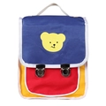 Cartoon color-block mini backpack for kids featuring a yellow bear print and metal buckle - Navy Blue and Red