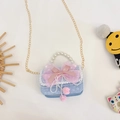 Bolso de princesa de encaje azul claro con lazo rosa, asa de perlas y cadena oro - Lazo / Azul