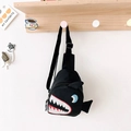 Cute black shark cartoon canvas chest bag for kids with adjustable strap and zip closure - Black