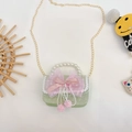 Mini-Umhängetasche für Mädchen in Grün mit rosa Spitzenschleife und Perlengriff - Schleife / Grün