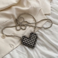 Handmade heart-shaped silver beaded crossbody bag with pearl accents and metal chain - Double Heart