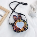 Cute sequined rabbit shoulder bag for girls with blue heart patch and long black strap - Black