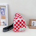 Kid's red checkerboard chest bag with white smiley faces and adjustable logo strap - Red