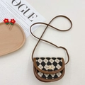 Brown and black checkered mini saddle bag for girls with golden metallic twist lock - Brown Rhombus