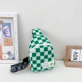 Green and white checkered kids crossbody chest bag with smiley face prints and logo patch - Green