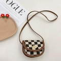 Kids vintage checkerboard saddle bag with brown leather trim and golden metal lock - Brown Checkerboard