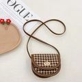 Vintage kids brown houndstooth check saddle bag with leather trim and gold twist lock - Brown Houndstooth