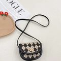 Classic black and white checkered plaid mini saddle bag with gold metal lock closure - Black Quilted