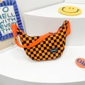 Kids orange checkerboard crossbody bag with black adjustable strap and fashion label - Orange