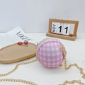 Pink and white checkered spherical crossbody bag with sparkling sequins and gold chain strap - Pink Plaid