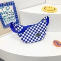 Blue and white checkerboard half-moon crossbody bag with adjustable nylon strap for kids - Blue