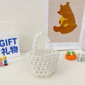 Bolso de mano de perlas blanco crema hecho a mano para niña con acabado brillante y asa - Bolso de Mano Grande sin Correa