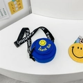 Blue canvas round smiley face crossbody bag for kids with fashionable wide strap - Dark Blue