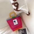 Pink mesh tote bag for girls with yellow round handles and cute blue floral patch - Rose Red