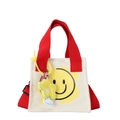 Borsa in tela beige per bambini con manici rossi, stampa smiley e ciondolo a fiore - Rosso (Solo Borsa)