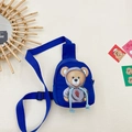 Kids' dark blue canvas crossbody bag featuring a cute cartoon bear with real light blue drawstrings - Blue