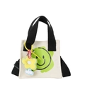 Cream canvas kids bag with green smiley flower print and floral pendant detail - Black (Bag Only)