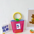 Kids rose red mesh tote bag with blue trim, yellow ring handles, and floral embroidery - Rose Red