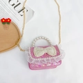 Mini bolso rosa con lentejuelas para niñas con lazo de perlas y cadena dorada - Rosa Rojo