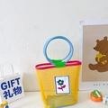 Yellow mesh tote bag with blue round handles and floral embroidery for children - Yellow
