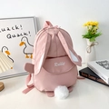 Pink rabbit canvas backpack for children featuring long ears and white fuzzy pom-pom tail - Pink