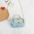 Mini iridescent blue girls handbag with pearl bow and lace trim on white background - Blue