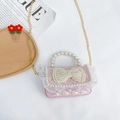 Pink iridescent mini crossbody bag with pearl handle and lace trim for little girls - Pink