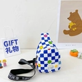 Kids blue and white checkered sling bag with colorful smiley faces and wide black strap - Blue