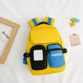 Lightweight yellow canvas toddler backpack with blue straps and multi-color zip pockets - Yellow