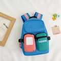 Lightweight blue canvas kids backpack with colorful pink and green zip pockets - Blue