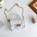 Witte mini PVC jelly tas met ruitpatroon, nep-parel handvat en gouden kettingriem - Wit