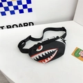 Kids black canvas crossbody shark bag with adjustable strap for sports and travel - Black