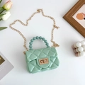 Mint green quilted jelly bag for girls featuring pearl handle and gold chain strap - Green