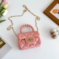 Pink quilted PVC jelly bag with pearl handle and golden chain for little girls - Pink